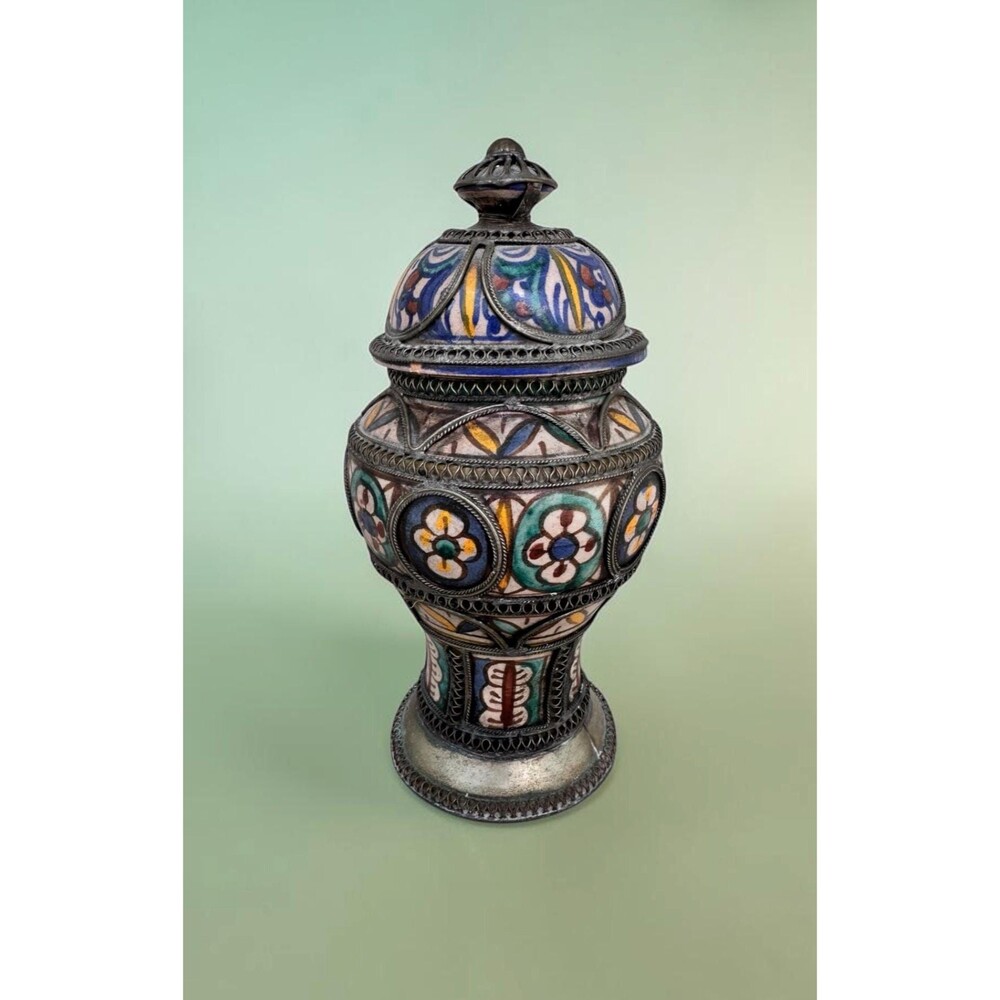 Antique Moroccan Mokhtfi Tagine Jar 9" Fez Ceramic & Kabyle Silver-Tone Wirework